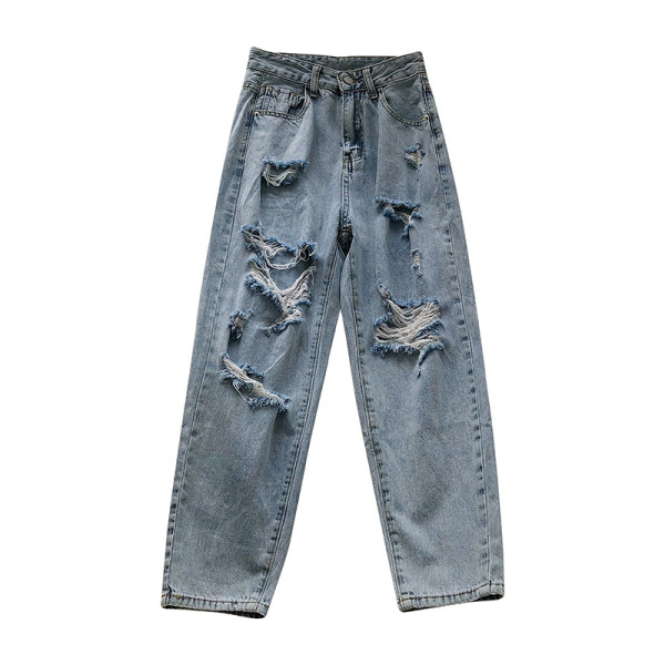 Kõrge vöökoha ja rebenenud motiividega vabaaja naiste teksapükste lai mudel