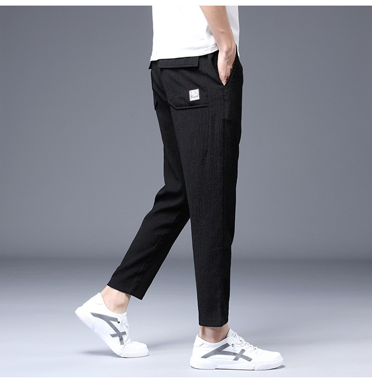 Pantaloni casual barbatesti din material subtire cu talie elastica si buzunare