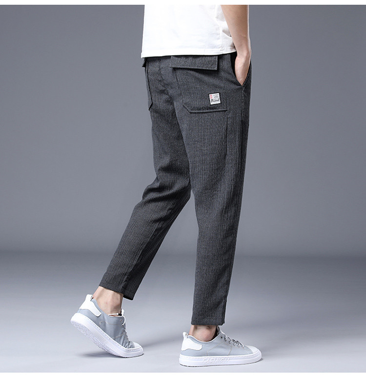 Pantaloni casual barbatesti din material subtire cu talie elastica si buzunare