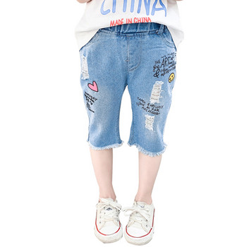 Μοντέρνα παιδικά τζιν για κορίτσια με απλικέ και ελαστική μέση
