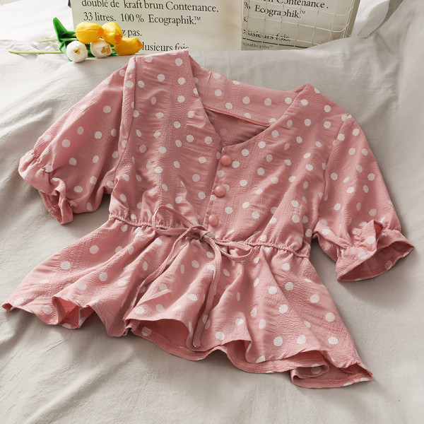 Bluză casual de damă cu buline, cu decolteu și cravate spitz