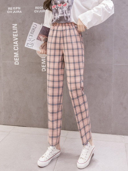 Sieviešu ikdienas rūtainas bikses ar elastīgu jostasvietu