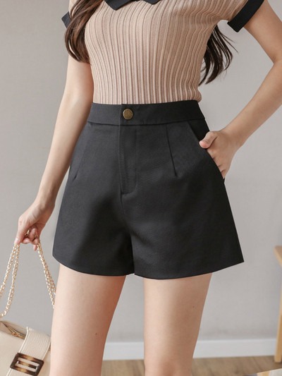 Модерни дамски къси панталони с висока талия и копче 