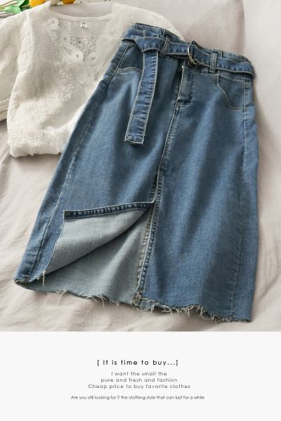 Sieviešu džinsa svārki ar šķēlumu un jostu