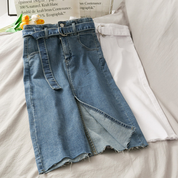 Sieviešu džinsa svārki ar šķēlumu un jostu