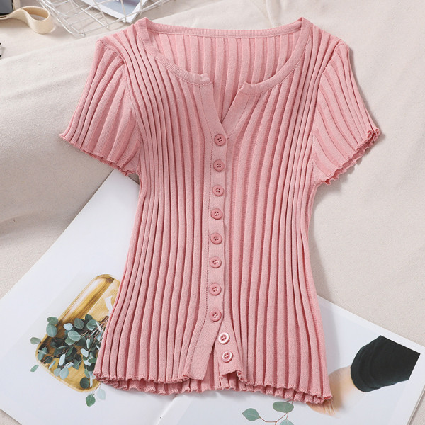 Naiste vabaaja lühikeste varrukatega pluus, ovaalne kaelus ja nööbid