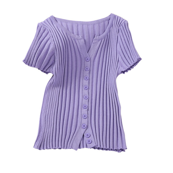 Naiste vabaaja lühikeste varrukatega pluus, ovaalne kaelus ja nööbid