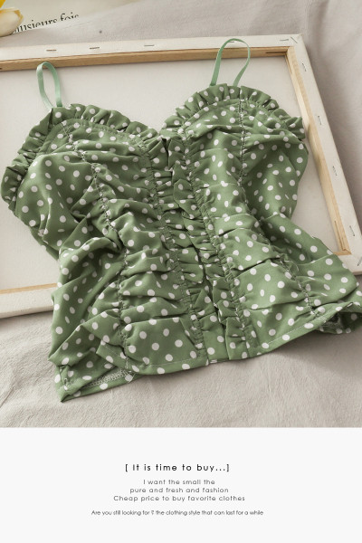 Naiste täpiline topp õhukeste rihmade ja spitsikaelusega