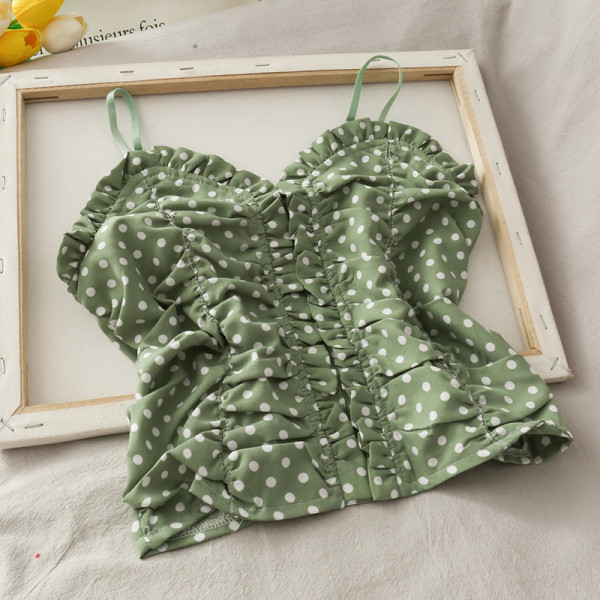 Naiste täpiline topp õhukeste rihmade ja spitsikaelusega