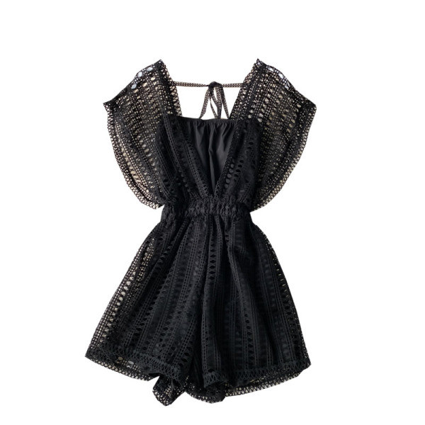 Moodne lühike V-kaeluse ja elastse vöökohaga kombinesoon