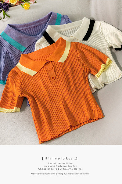 Bluză de damă din jerseu de catifea cu mâneci scurte și guler clasic