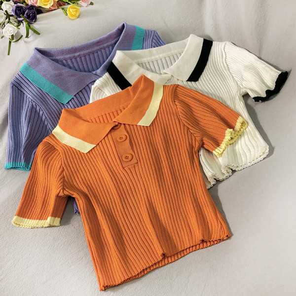 Bluză de damă din jerseu de catifea cu mâneci scurte și guler clasic