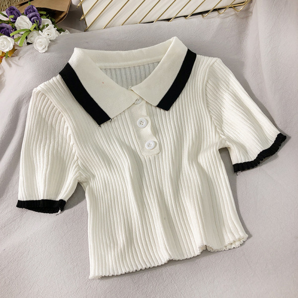 Bluză de damă din jerseu de catifea cu mâneci scurte și guler clasic