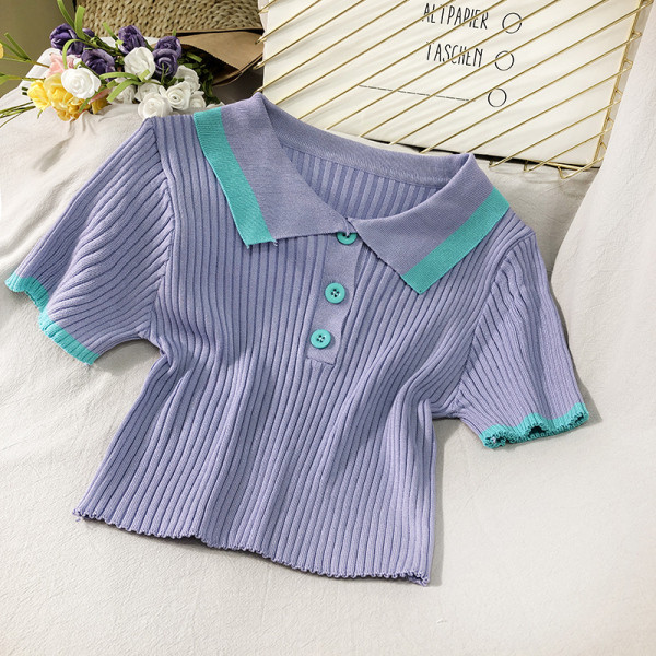 Bluză de damă din jerseu de catifea cu mâneci scurte și guler clasic