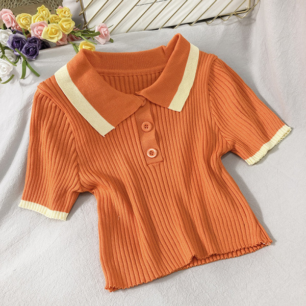 Bluză de damă din jerseu de catifea cu mâneci scurte și guler clasic