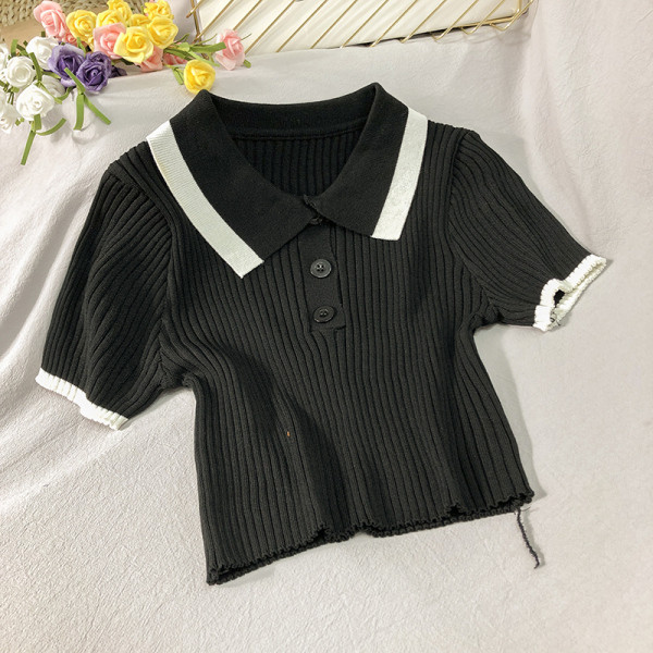 Bluză de damă din jerseu de catifea cu mâneci scurte și guler clasic