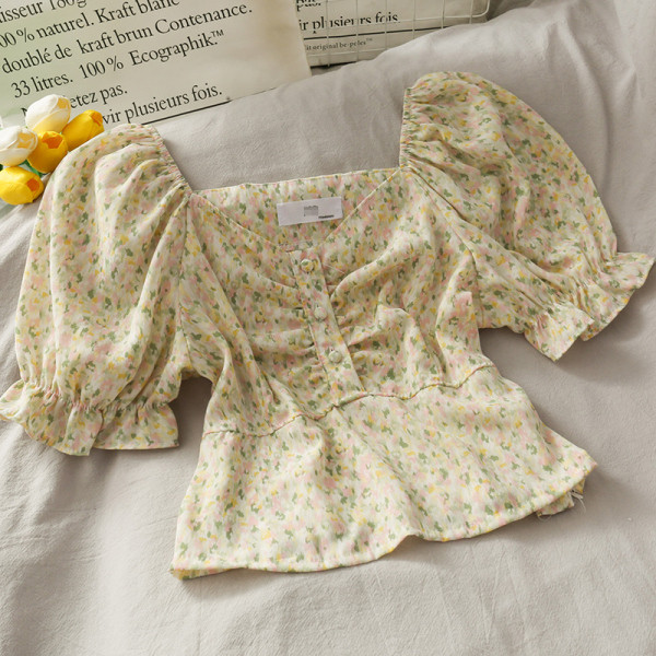 Lilleline naiste pluus spits kaelusega ja lühikeste varrukatega