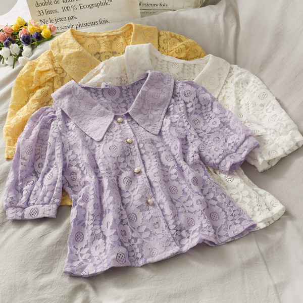 Cămașă retro damă din dantelă cu guler clasic și nasturi perlați