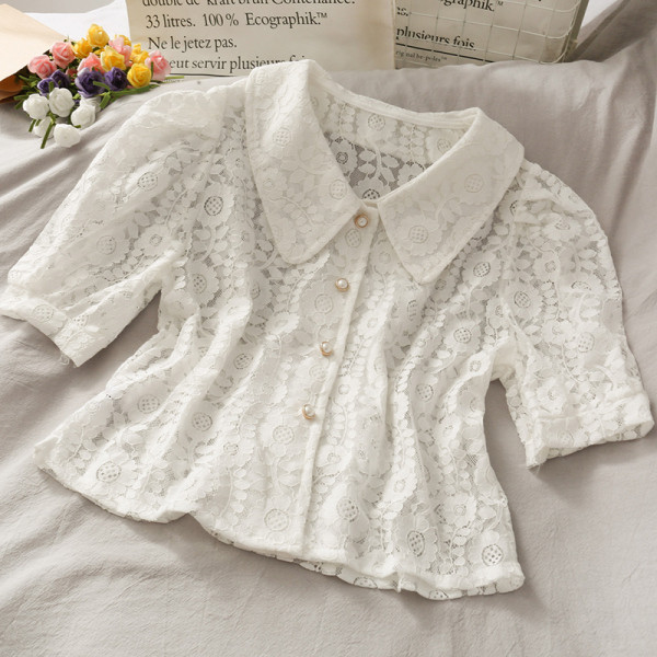 Cămașă retro damă din dantelă cu guler clasic și nasturi perlați
