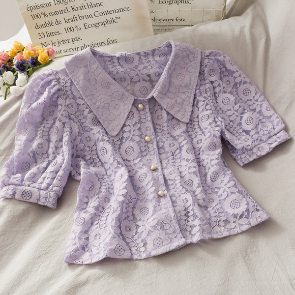 Cămașă retro damă din dantelă cu guler clasic și nasturi perlați