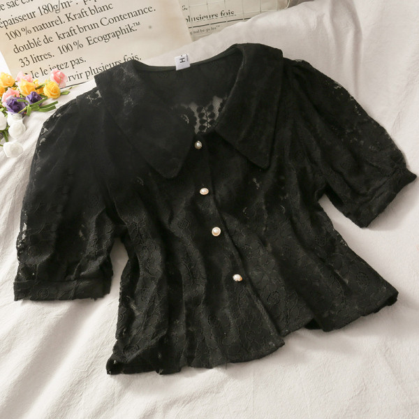 Cămașă retro damă din dantelă cu guler clasic și nasturi perlați