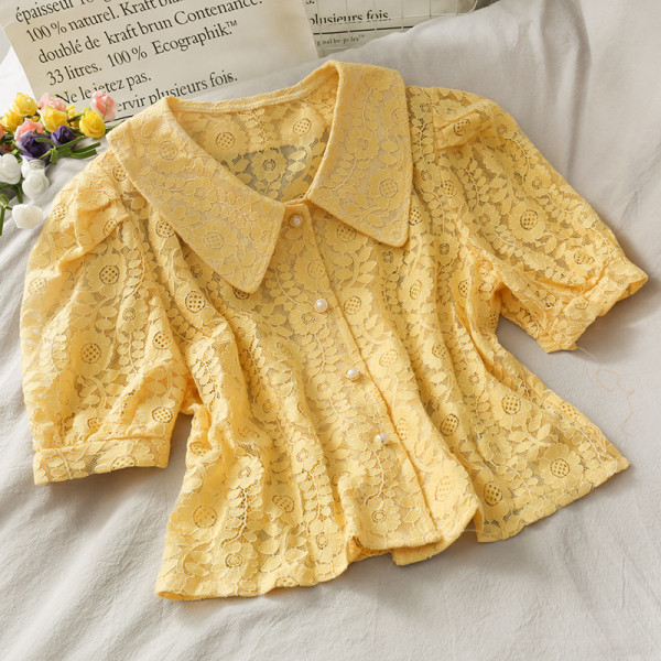 Cămașă retro damă din dantelă cu guler clasic și nasturi perlați