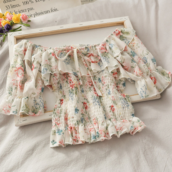 Bluză de damă modernă cu imprimeu floral și decolteu barcă