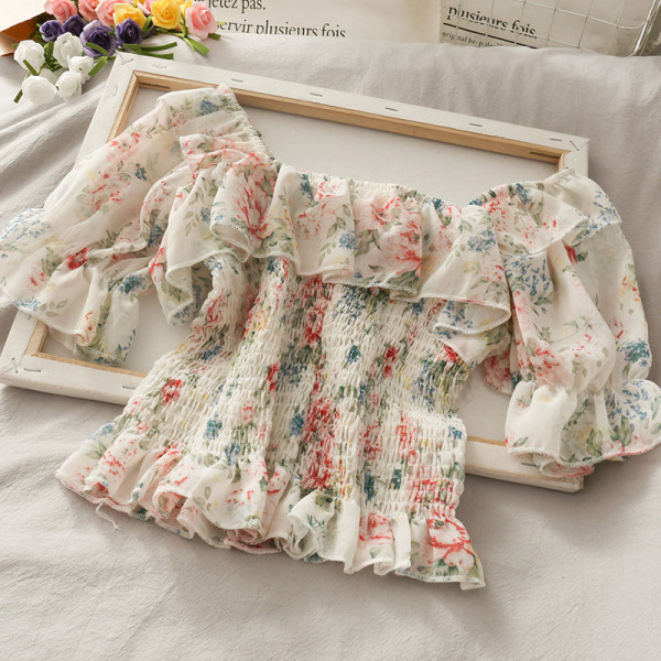 Bluză de damă modernă cu imprimeu floral și decolteu barcă