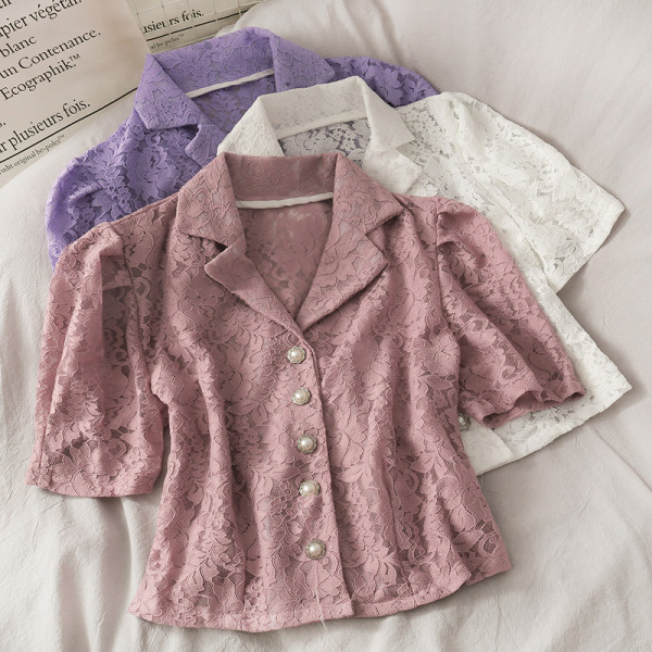 Cămașă retro damă din dantelă cu nasturi perlați