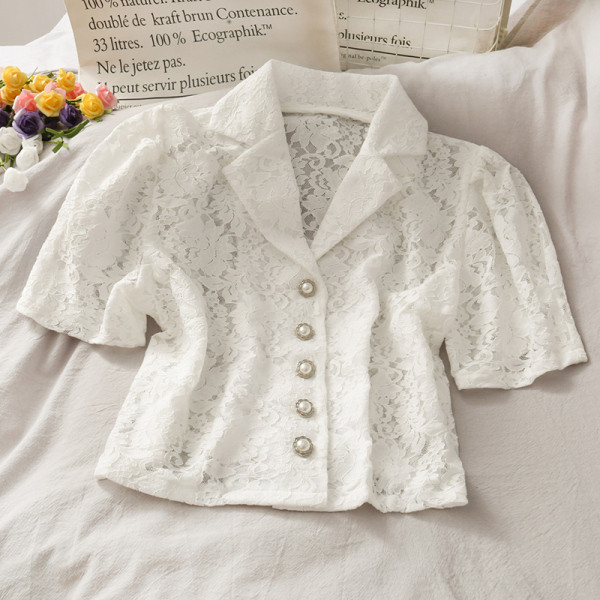 Cămașă retro damă din dantelă cu nasturi perlați