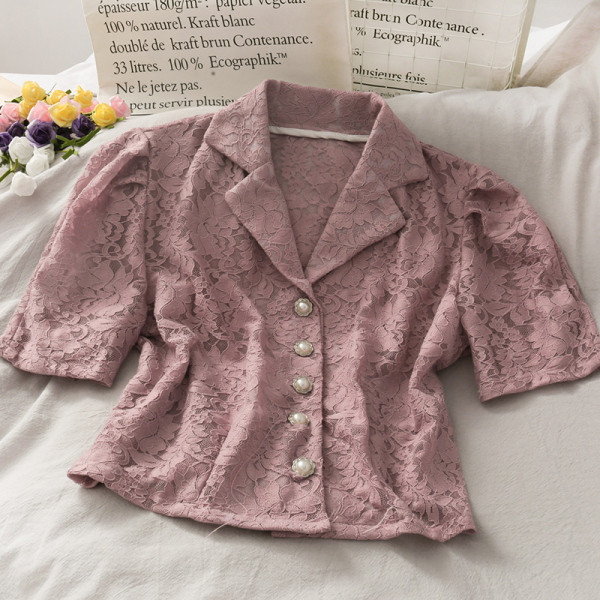 Cămașă retro damă din dantelă cu nasturi perlați