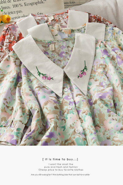 Cămașă de damă florală cu decolteu spitz și broderie