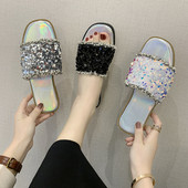 Papuci moderni de dama cu talpa plata si element din paiete