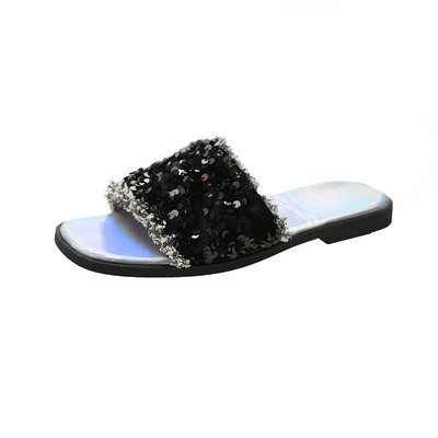 Papuci moderni de dama cu talpa plata si element din paiete