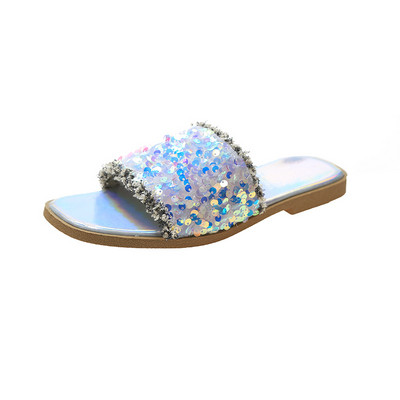 Papuci moderni de dama cu talpa plata si element din paiete