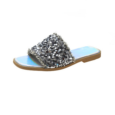 Papuci moderni de dama cu talpa plata si element din paiete
