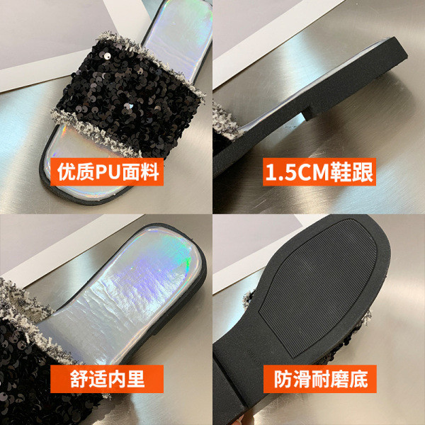 Papuci moderni de dama cu talpa plata si element din paiete