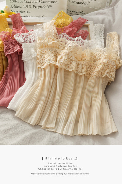 Top de damă plisat cu bretele din dantelă