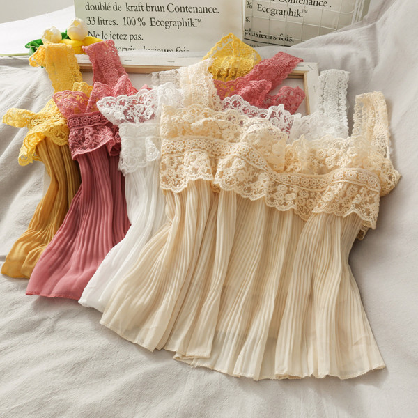 Top de damă plisat cu bretele din dantelă