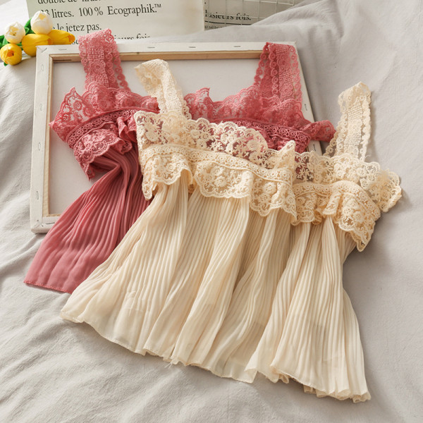 Top de damă plisat cu bretele din dantelă