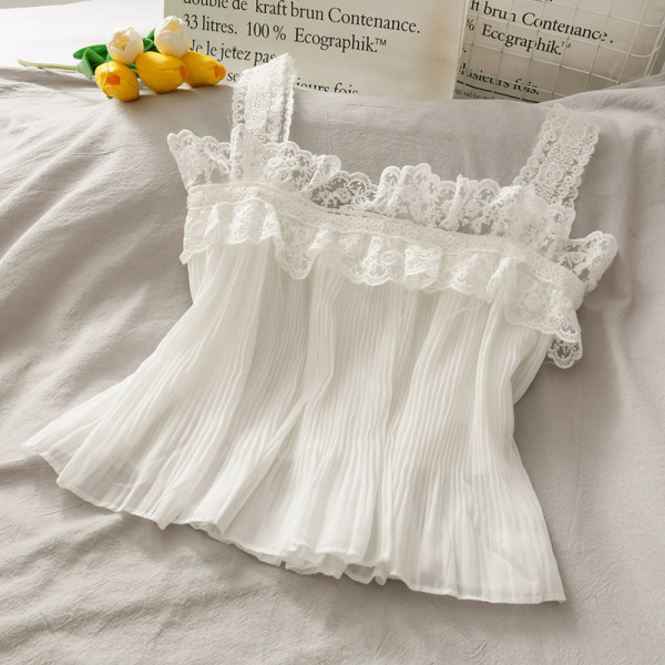 Top de damă plisat cu bretele din dantelă