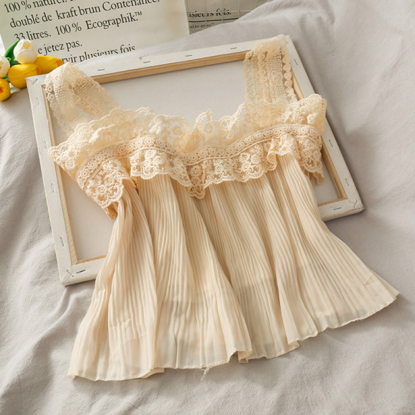 Top de damă plisat cu bretele din dantelă