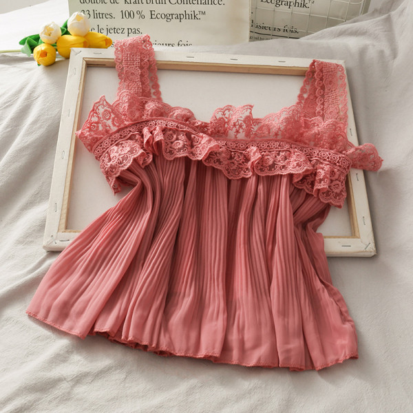 Top de damă plisat cu bretele din dantelă