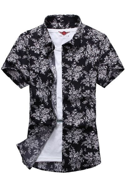 Cămașă de bărbați actuală cu mâneci scurte, guler clasic și model floral