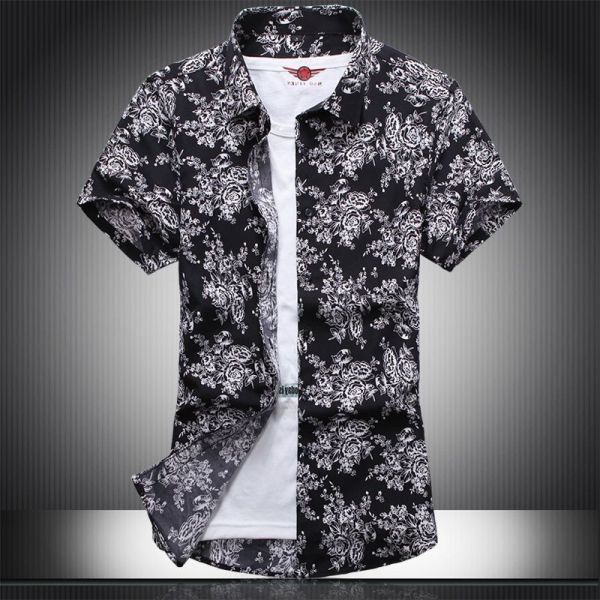 Cămașă de bărbați actuală cu mâneci scurte, guler clasic și model floral