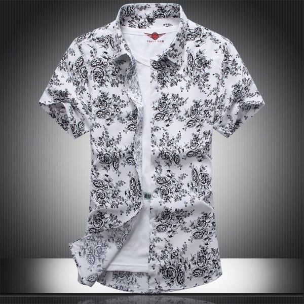 Cămașă de bărbați actuală cu mâneci scurte, guler clasic și model floral