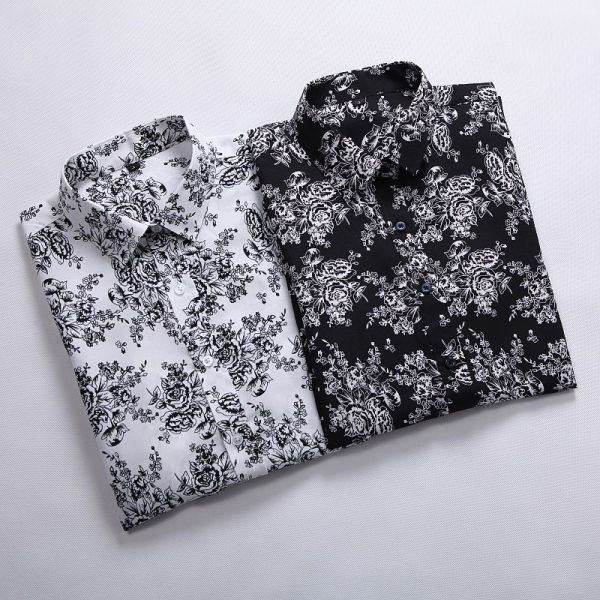 Cămașă de bărbați actuală cu mâneci scurte, guler clasic și model floral