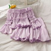 Set de dama modern de fusta cu talie inalta si bluza cu maneci lotus
