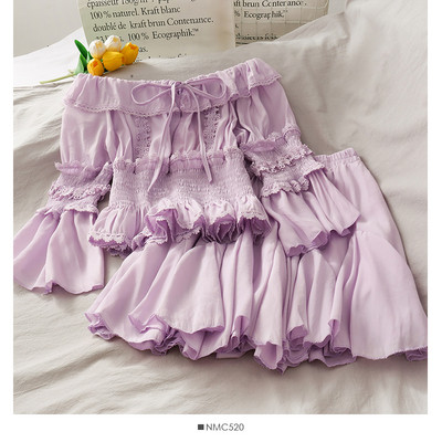 Set de dama modern de fusta cu talie inalta si bluza cu maneci lotus