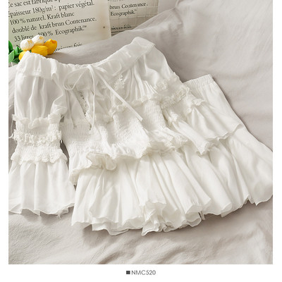 Set de dama modern de fusta cu talie inalta si bluza cu maneci lotus